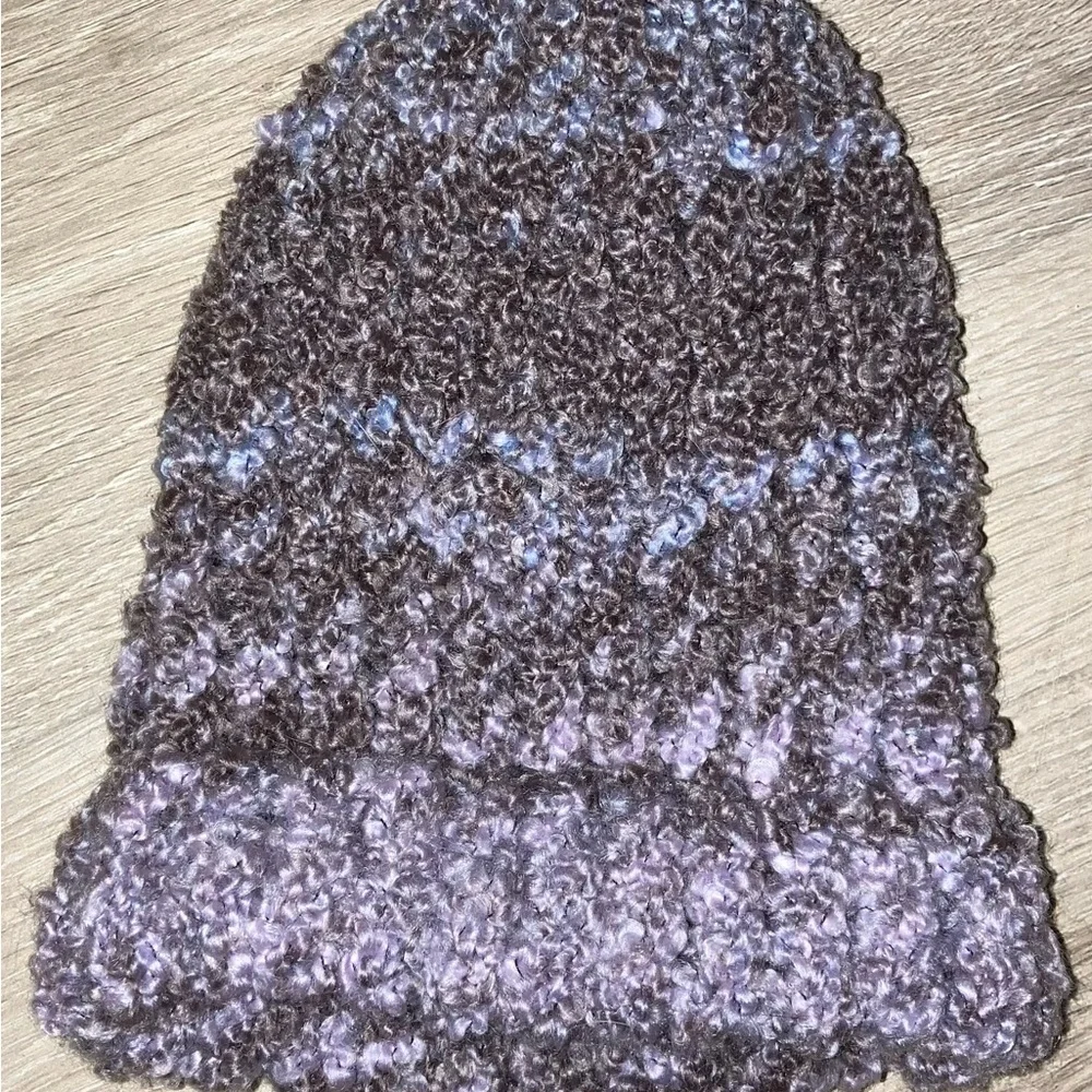 Handmade cozy infant knit beanie hat in brown and lavender